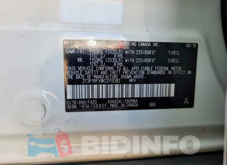 2T3P1RFV8KC019382 Photo# 13