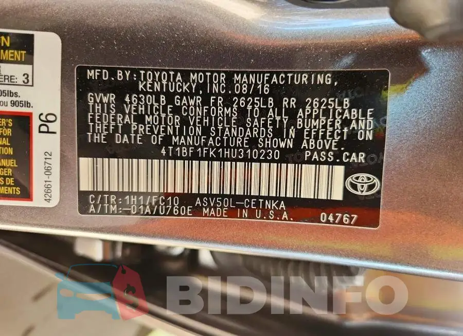 4T1BF1FK1HU310230 Photo# 12