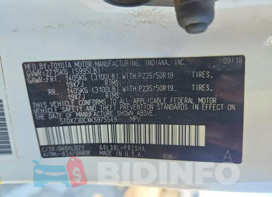 5TDXZ3DCXKS975549 Photo# 13