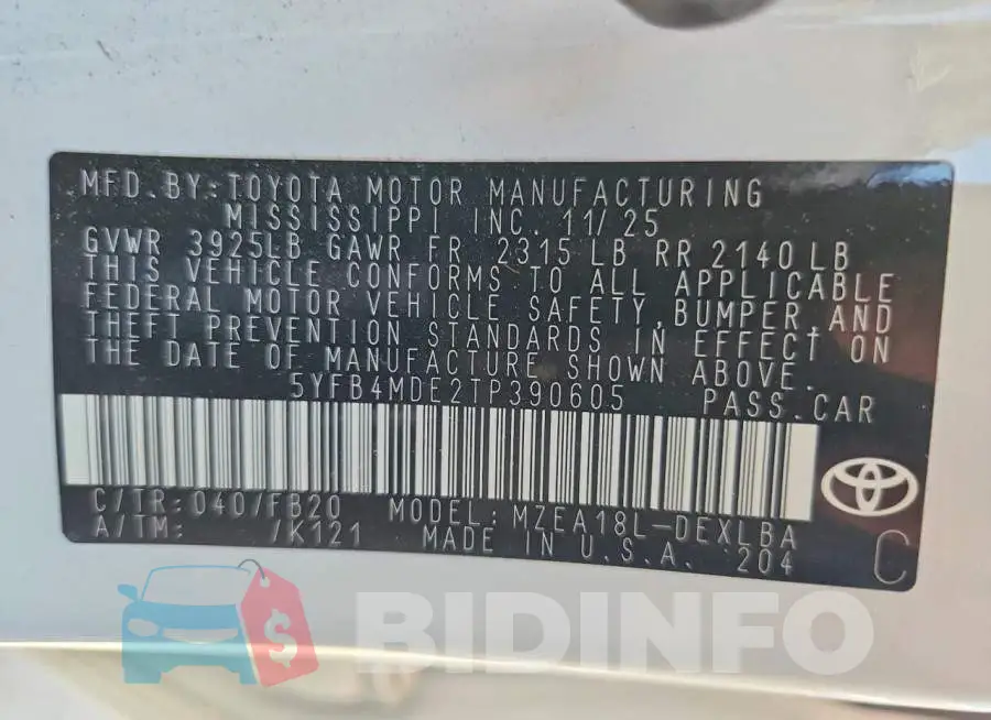 5YFB4MDE2TP390605 Photo# 13