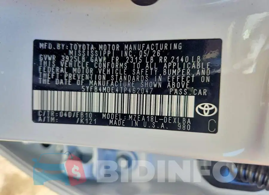 5YFB4MDE4TP462047 Photo# 13