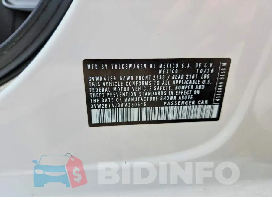3VW2B7AJ8HM250515 Photo# 12