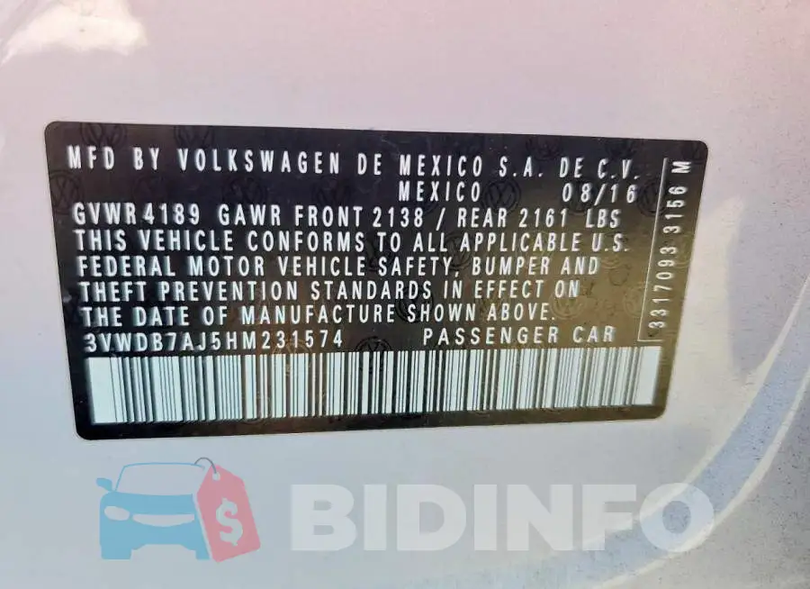 3VWDB7AJ5HM231574 Photo# 12