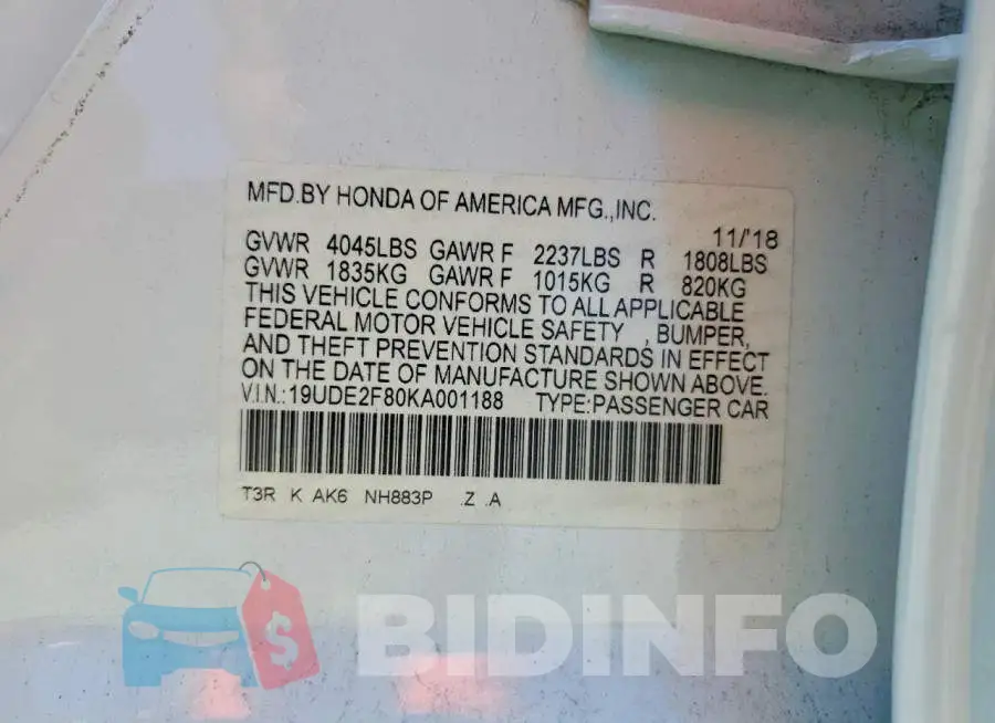 19UDE2F80KA001188 Photo# 13