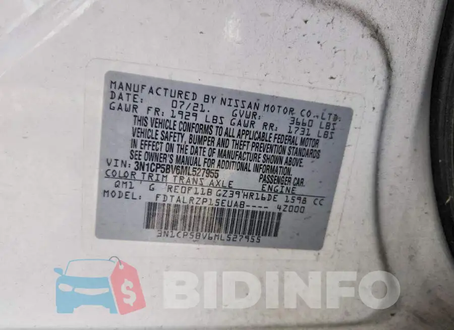 3N1CP5BV6ML527955 Photo# 13