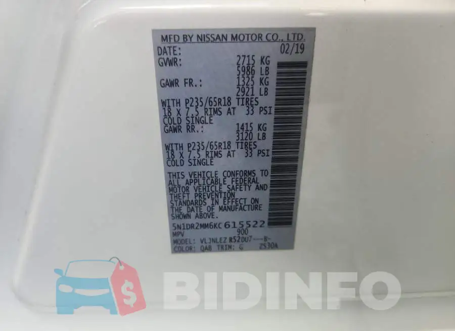 5N1DR2MM6KC615522 Photo# 13