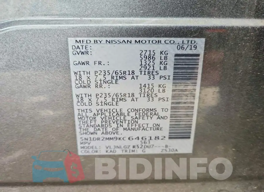 5N1DR2MM9KC646182 Photo# 13