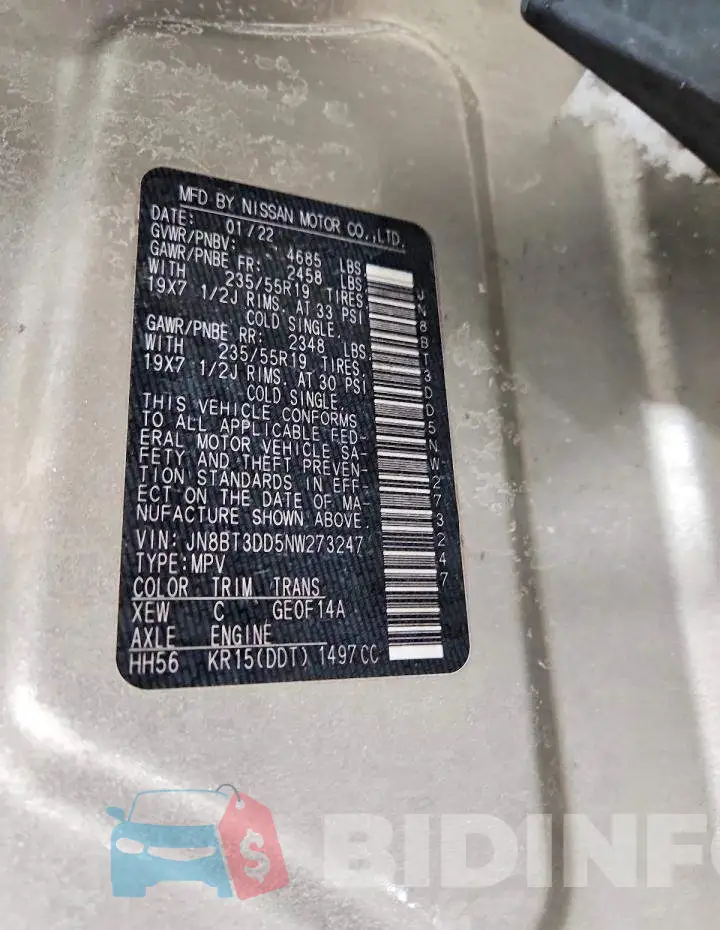 JN8BT3DD5NW273247 Photo# 14