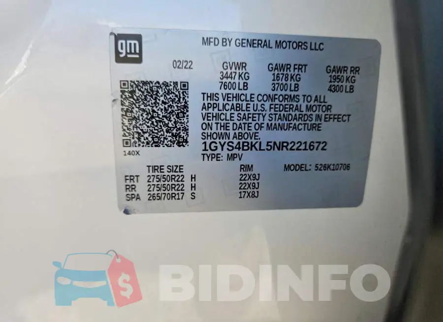 1GYS4BKL5NR221672 Photo# 13