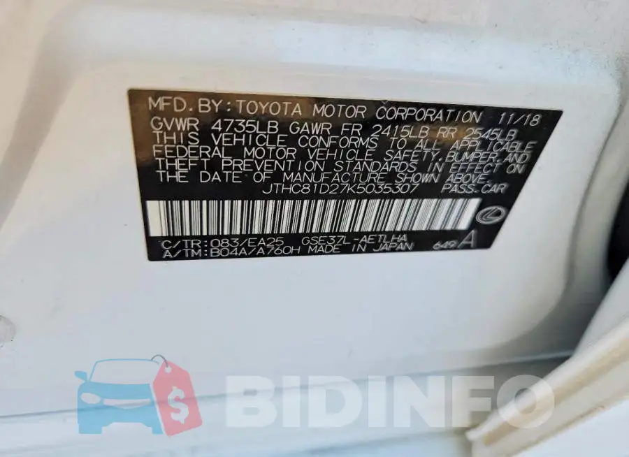 JTHC81D27K5035307 Photo# 13