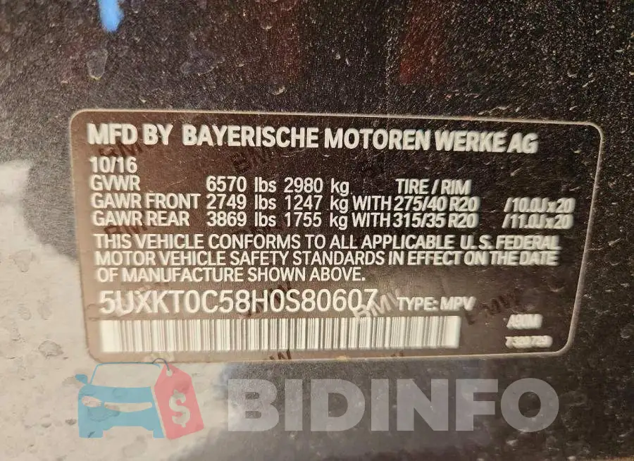5UXKT0C58H0S80607 Photo# 13