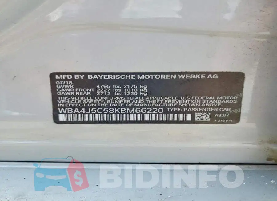 WBA4J5C58KBM66220 Photo# 12