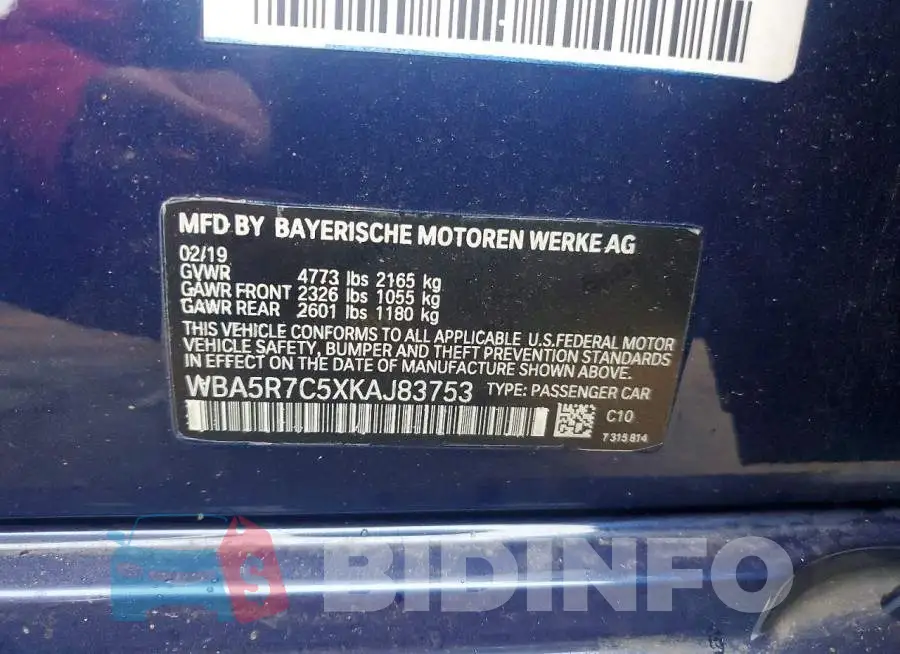 WBA5R7C5XKAJ83753 Photo# 12