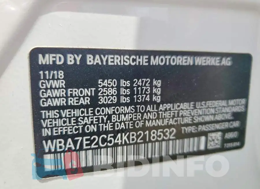WBA7E2C54KB218532 Photo# 12