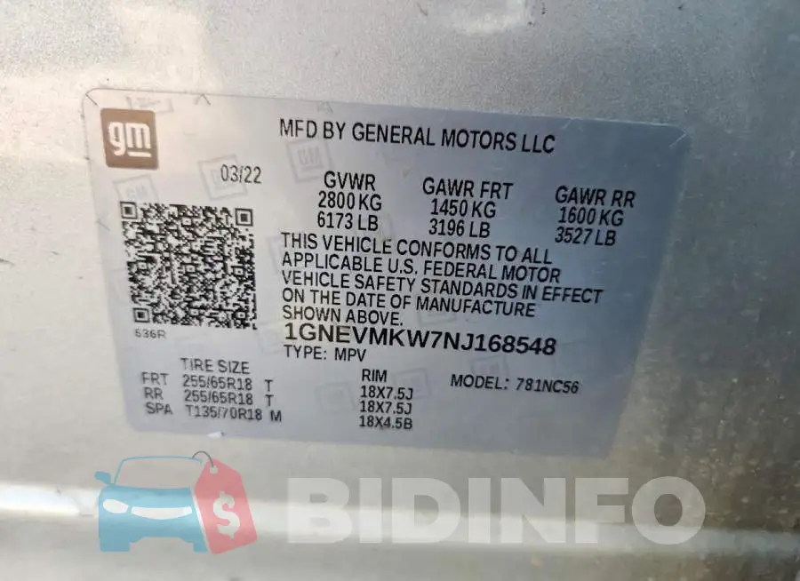 1GNEVMKW7NJ168548 Photo# 14