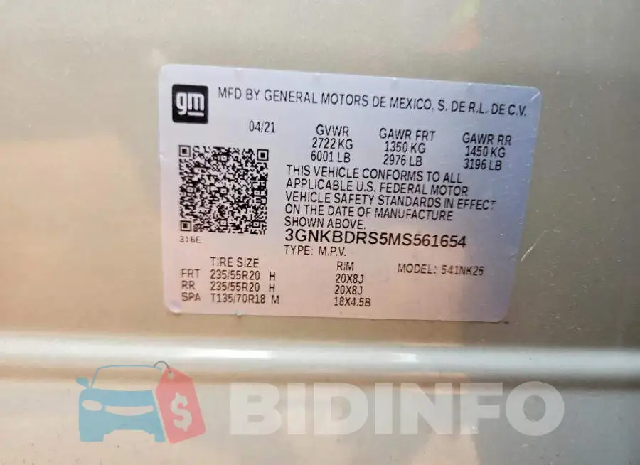 3GNKBDRS5MS561654 Photo# 13