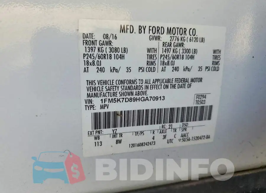 1FM5K7D89HGA70913 Photo# 14