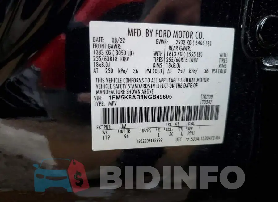 1FM5K8AB8NGB49605 Photo# 12