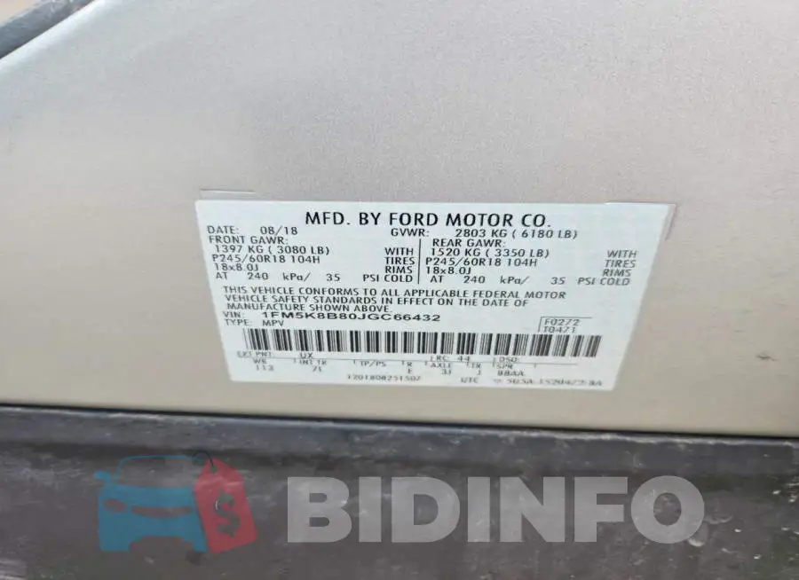 1FM5K8B80JGC66432 Photo# 13
