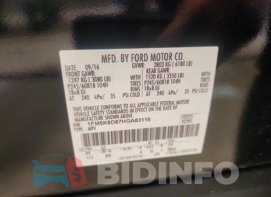 1FM5K8D87HGA83116 Photo# 13