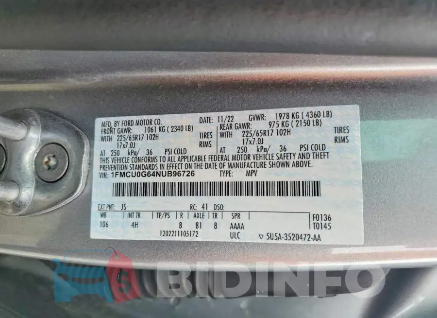 1FMCU0G64NUB96726 Photo# 13