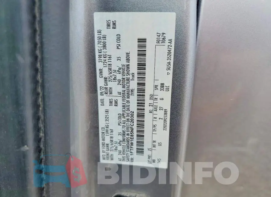 1FTFW1E85NFC20302 Photo# 12