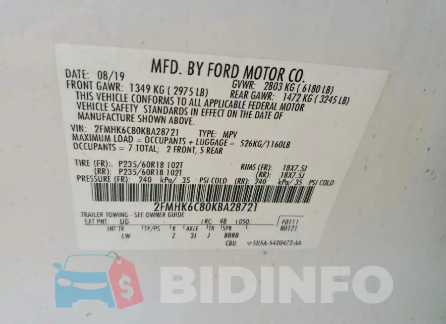 2FMHK6C80KBA28721 Photo# 14