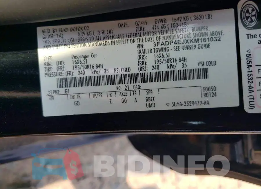 3FADP4EJXKM161032 Photo# 12