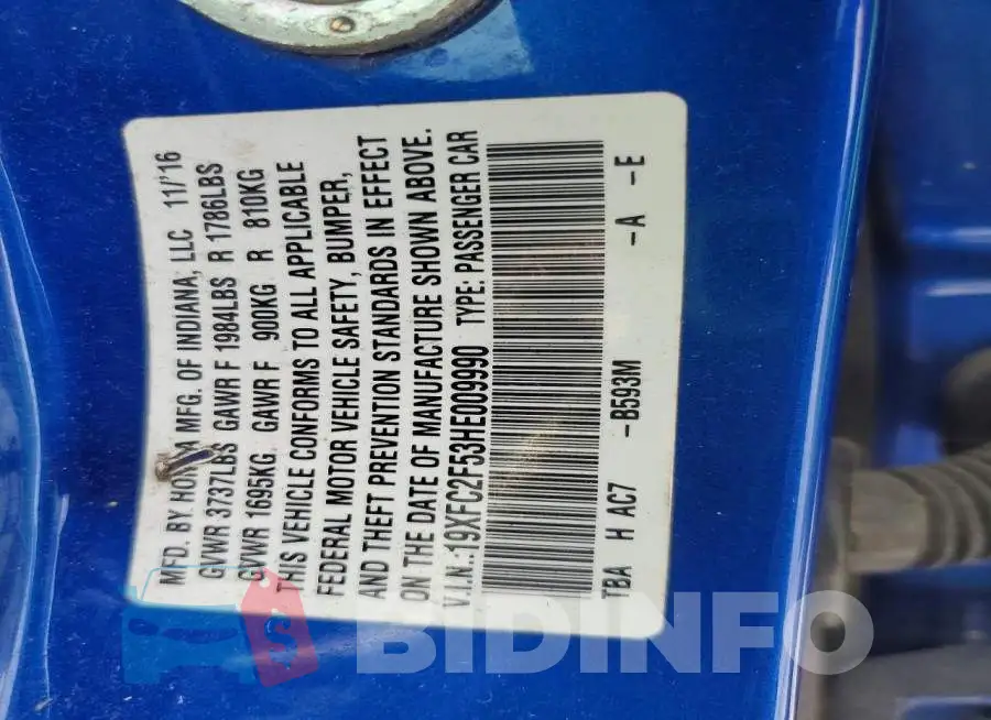 19XFC2F53HE009990 Photo# 12