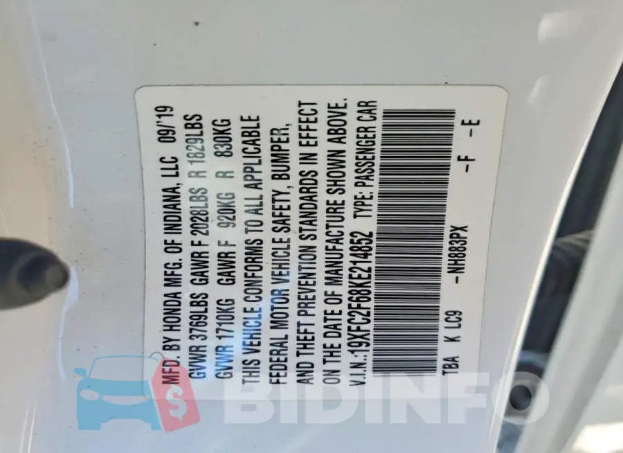 19XFC2F68KE214852 Photo# 12