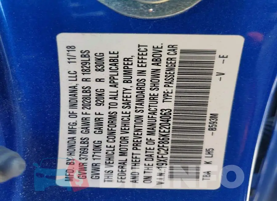 19XFC2F86KE204063 Photo# 13