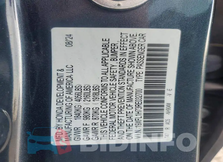 19XFL1H73RE032700 Photo# 12