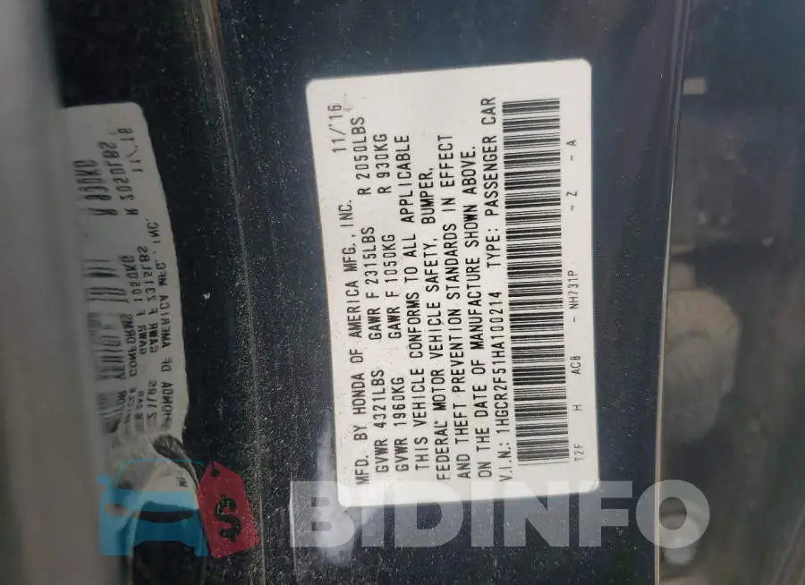 1HGCR2F51HA100214 Photo# 12