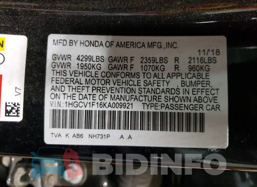 1HGCV1F16KA009921 Photo# 12