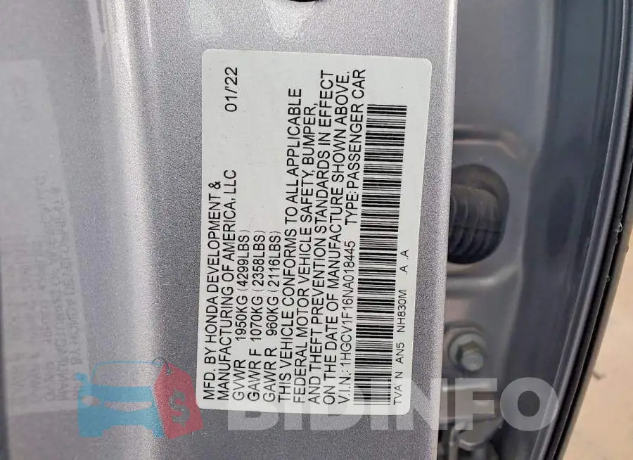 1HGCV1F16NA018445 Photo# 12