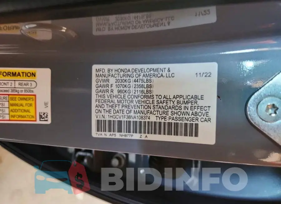1HGCV1F38NA108374 Photo# 12