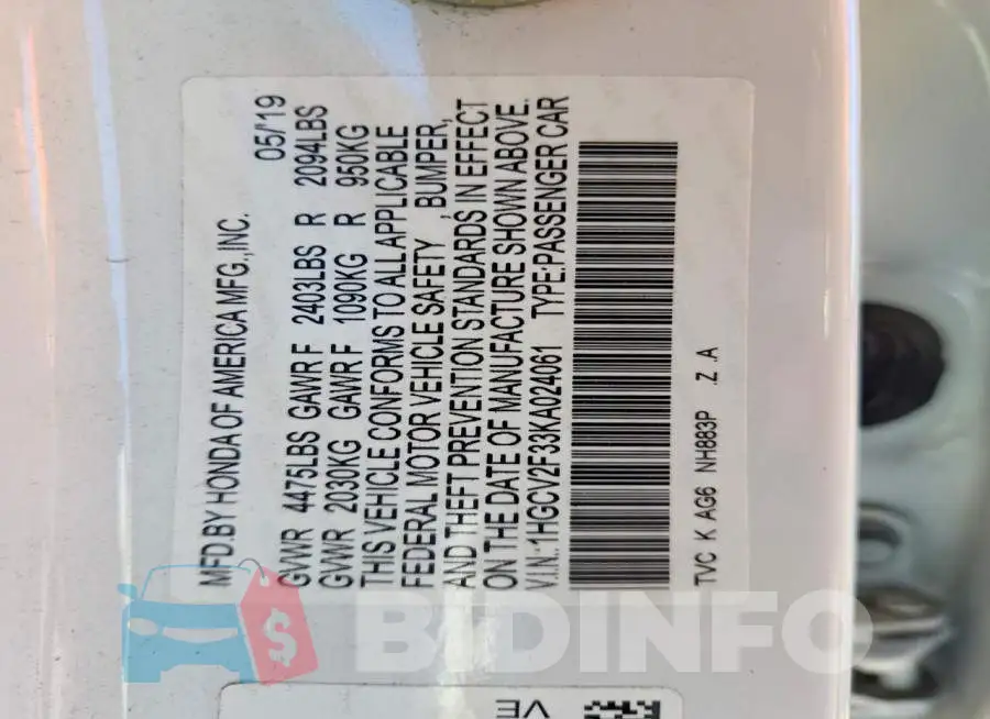 1HGCV2F33KA024061 Photo# 12