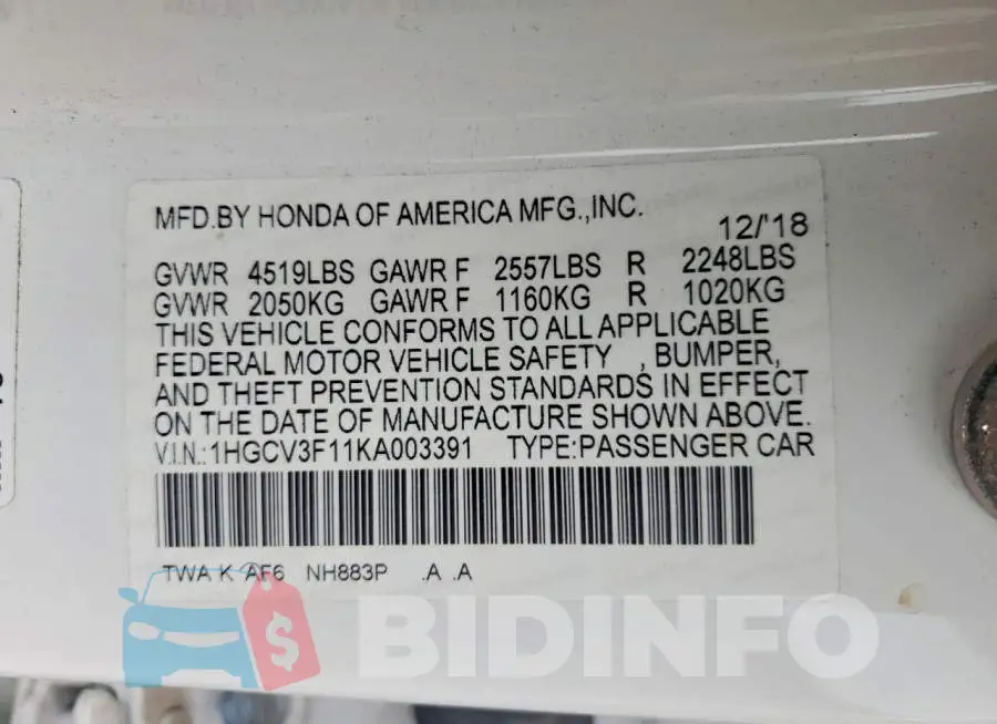1HGCV3F11KA003391 Photo# 12
