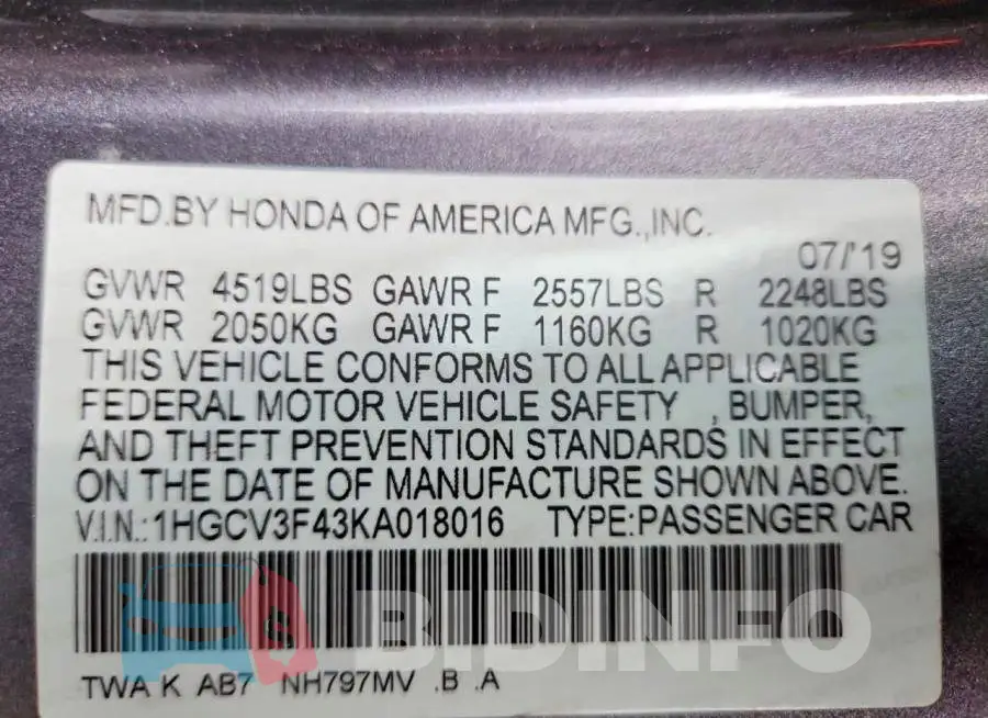 1HGCV3F43KA018016 Photo# 13