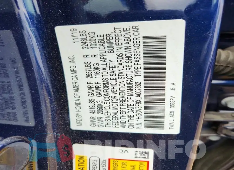 1HGCV3F9XLA002862 Photo# 13