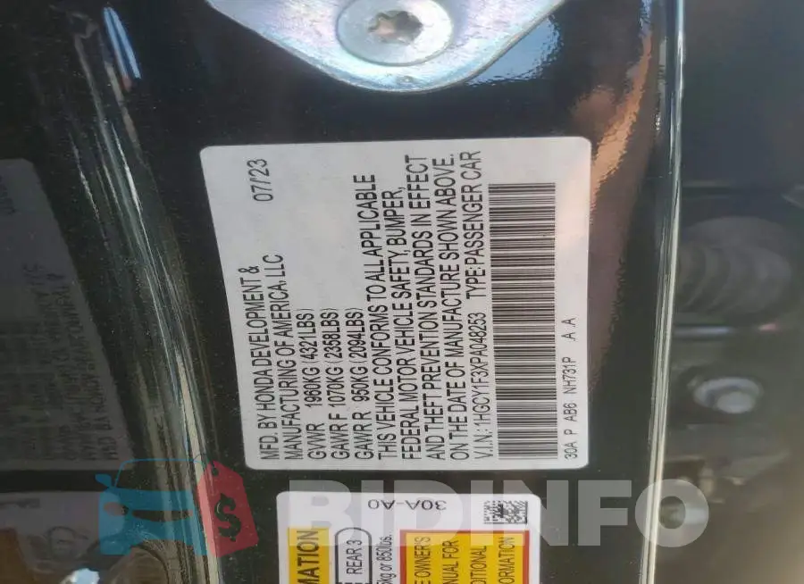 1HGCY1F3XPA048253 Photo# 12