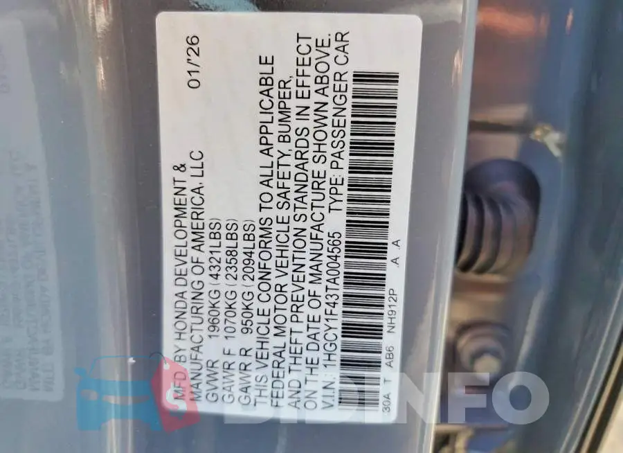 1HGCY1F43TA004565 Photo# 13