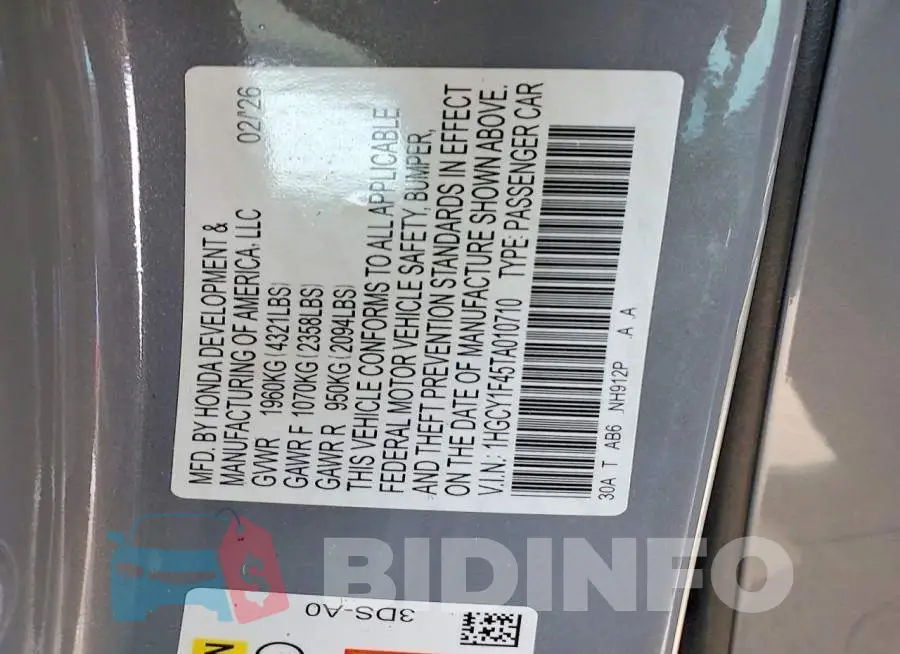1HGCY1F45TA010710 Photo# 12