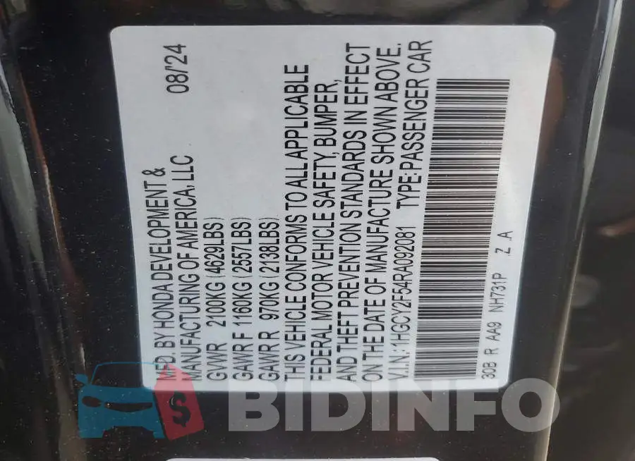 1HGCY2F54RA092081 Photo# 12