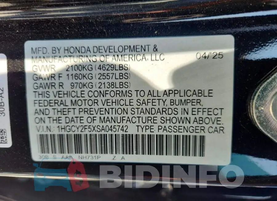 1HGCY2F5XSA045742 Photo# 12