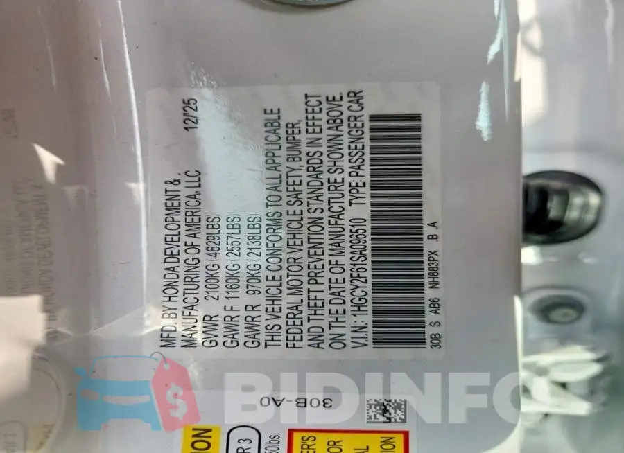 1HGCY2F61SA096510 Photo# 12