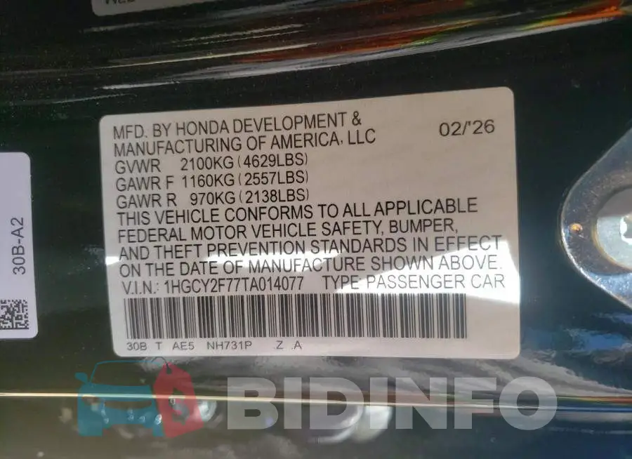 1HGCY2F77TA014077 Photo# 12