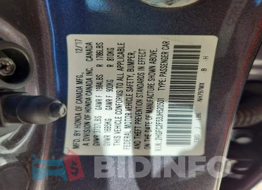 2HGFC2F53JH520501 Photo# 12