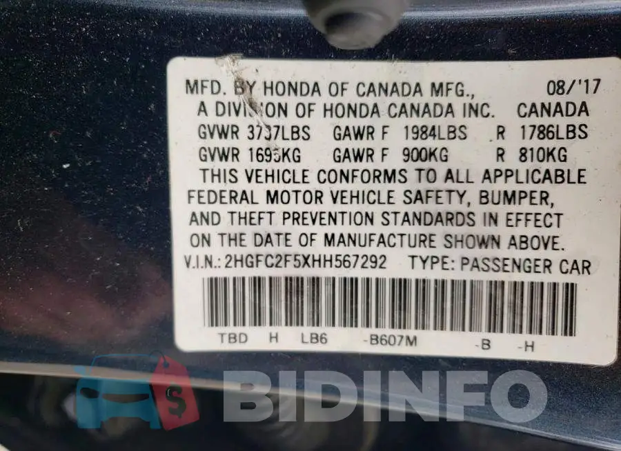 2HGFC2F5XHH567292 Photo# 12