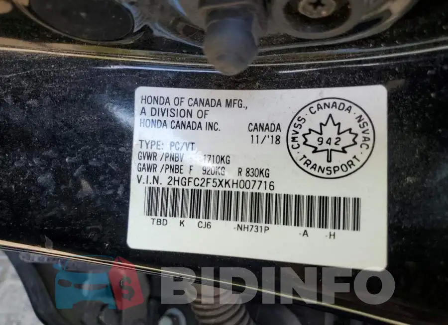 2HGFC2F5XKH007716 Photo# 12